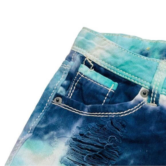 10/$25🦋 Mossimo Teal & Blue Tie Dye Low-Rise Distressed Frayed Denim Shorts - 3 - Picture 3 of 11